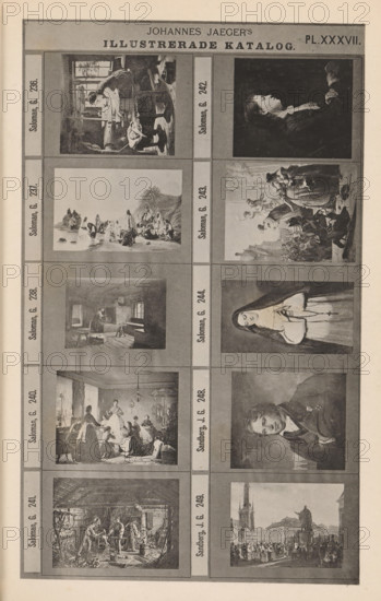 Photo reproduction of ten paintings, Johannes Jaeger's Illustrerade Catalog, reproduction, page, photomechanical print, number: 'PL. XXXVII.', photographer: Johannes Jaeger, Stockholm, cliché maker: anonymous, after painting by Geskel Saloman, c. 1872 - c. 1882, Johannes Jaeger, Geskel Saloman, photographer, cliché maker, after painting by, paper, collotype, photoprint, height 181 mm x width 109 mm, picture, painting, A vertically oriented page showing a grid of framed rectangular illustrations arranged in columns and rows, each illustration bordered by a thin dark frame and set against a light background with vertical side strips. The top of the page features a wide header area with bold lettering centered and a small block at the right of the header. The illustrations depict a variety of scenes including interior settings with people engaged in daily activities, portraits of individuals shown from the torso or head and shoulders with varied facial expressions and attire, an outdoor c...