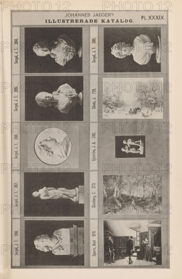Photographic reproduction of presumably six sculptures and four paintings or prints, Johannes Jaeger's Illustrerade Katalog, reproduction, page, photomechanical print, number: 'PL. XXXIX.', photographer: Johannes Jaeger, Stockholm, clichémaker: anonymous, after sculpture by Johan Tobias Sergel, c. 1872 - c. 1882, Johannes Jaeger, Johan Tobias Sergel, photographer, clichémaker, after sculpture by, paper, collotype, photogravure, height 182 mm x width 112 mm, sculpture, picture, painting, A tall, narrow page divided into a grid of framed rectangular panels containing black and white images, including several photographic busts and sculptures of heads and torsos against dark backgrounds, a circular medallion portrait in relief, a full standing classical statue on a pedestal, a small sculpture of two children on a plinth, a winter landscape with trees and figures in a snowy scene, a wooded rural path with a figure walking, and an interior scene showing people in a room; the page has a marg...
