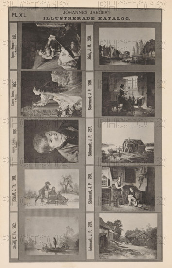 Photo reproduction of ten paintings, Johannes Jaeger's Illustrerade Catalog, reproduction, page, photomechanical print, number: 'PL. XL.', photographer: Johannes Jaeger, Stockholm, cliché maker: anonymous, after painting by Emma Sparre, c. 1872 - c. 1882, Johannes Jaeger, Emma Sparre, photographer, cliché maker, after painting by, paper, collotype, light print, height 181 mm x width 110 mm, picture, painting, A vertical page showing a grid of framed rectangular illustrations in two columns, each frame containing a small black-and-white or sepia-toned scene; the left column includes a portrait of a person with a rounded face and short hair, a woman in a long dress shown in profile holding something, and a scene of two children on a sled in a snowy landscape, while the right column shows assorted interior and exterior scenes including a harbor with boats and pointed-roof buildings, a woman seated at a spinning wheel in a dimly lit room, a rustic waterside shack with boats on the shore, a...