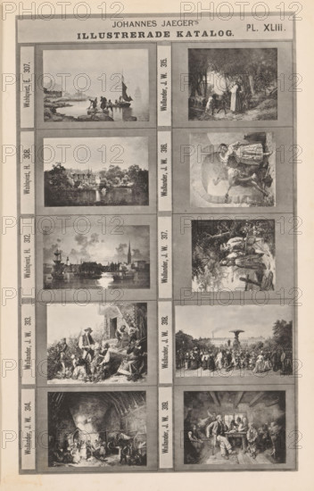 Photo reproduction of ten paintings, Johannes Jaeger's Illustrerade Catalog, reproduction, page, photomechanical print, number: 'PL. XLIII.', photographer: Johannes Jaeger, Stockholm, cliché maker: anonymous, after painting by Josef Wilhelm Wallander, c. 1872 - c. 1882, Johannes Jaeger, Josef Wilhelm Wallander, photographer, cliché maker, after painting by, paper, collotype, photoprint, height 181 mm x width 110 mm, picture, painting, A vertical sheet divided into paired rectangular panels arranged in two columns, each panel containing a detailed black-and-white illustration framed by a darker border; the left column shows varied scenes including coastal and urban waterside views with sailing vessels and rocky shores, a tranquil landscape with a large house set behind trees and reflected in a body of water, a harbor view with ships and church spires at sunset, a rural group of people gathered outdoors near a thatched building, and an interior scene with figures around a hearth and tool...