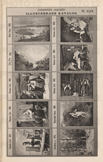 Photo reproduction of ten paintings, Johannes Jaeger's Illustrerade Catalog, reproduction, page, photomechanical print, number: 'PL. XLIX.', photographer: Johannes Jaeger, Stockholm, cliché maker: anonymous, after painting by Hans Gude, c. 1872 - c. 1882, Johannes Jaeger, Hans Gude, photographer, cliché maker, after painting by, paper, collotype, light print, height 180 mm x width 110 mm, picture, painting, A vertically oriented page showing a grid of rectangular framed illustrations arranged in columns and rows, each frame containing a different monochrome scene; visible scenes include coastal and mountainous landscapes with water and boats, interior scenes with groups of people seated around tables, figures engaged in conversation or activities in rustic indoor settings, women in traditional dress standing or sitting near wooden structures, a reclining nude figure outdoors, men in work clothing standing and sitting near tools and barrels, and wooded landscape scenes with trees; the p...