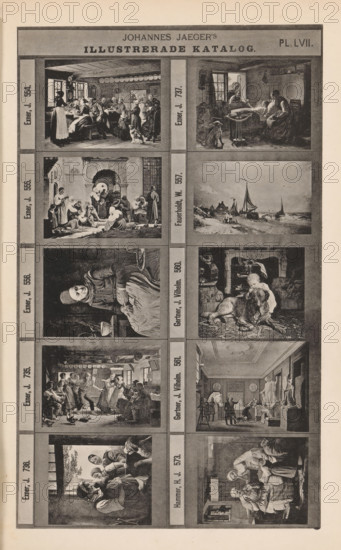Photo reproduction of ten paintings of mainly genre scenes, Johannes Jaeger's Illustrerade Katalog, reproduction, page, photomechanical print, number: 'PL. LVII.', photographer: Johannes Jaeger, Stockholm, clichémaker: anonymous, after painting by Johan Julius Exner, c. 1872 - c. 1882, Johannes Jaeger, Johan Julius Exner, photographer, clichémaker, after painting by, paper, collotype, photogravure, height 181 mm x width 109 mm, picture, painting, A vertically oriented printed sheet showing a grid of rectangular illustrated panels arranged in two columns with narrow vertical dividers, each panel depicting a different detailed black-and-white scene of people and interiors or landscapes; the top margin contains a wide horizontal band with a darker rectangle centered, and the panels feature scenes such as groups of seated and standing figures in a room with windows and a dog, a domestic interior with people gathered around a bed and a dog by a table, an outdoor scene with figures near an a...
