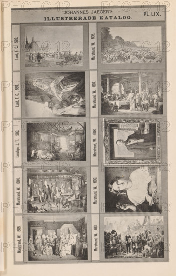 Photo reproduction of ten paintings, Johannes Jaeger's Illustrerade Katalog, reproduction, page, photomechanical print, number: 'PL. LIX.', photographer: Johannes Jaeger, Stockholm, clichémaker: anonymous, after painting by Wilhelm Marstrand, c. 1872 - c. 1882, Johannes Jaeger, Wilhelm Marstrand, photographer, clichémaker, after painting by, paper, collotype, photogravure, height 180 mm x width 109 mm, picture, painting, A vertically oriented page showing a grid of framed rectangular grayscale illustrations arranged in two columns and multiple rows within a bordered layout, each framed image separated by vertical and horizontal bands; the top header area contains a centered bold title band and smaller bands at the corners, and the margins include narrow vertical labels beside each row; the images depict a variety of scenes including outdoor gatherings near a shoreline with many small figures, an interior scene with a long banquet table and a standing figure in the foreground, a woman s...