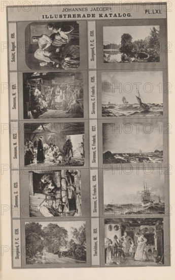 Photo reproduction of ten paintings, Johannes Jaeger's Illustrerade Catalog, reproduction, page, photomechanical print, number: 'PL. LXI.', photographer: Johannes Jaeger, Stockholm, cliché maker: anonymous, after painting by Carl Frederik Sørensen, c. 1872 - c. 1882, Johannes Jaeger, Carl Frederik Sørensen, photographer, cliché maker, after painting by, paper, collotype, light print, height 181 mm x width 110 mm, picture, painting, A vertical page showing a grid of rectangular framed images organized in two columns, each frame containing a different black-and-white illustration; the left column frames depict interior scenes with groups of people in period clothing, including seated and standing figures, domestic settings with furniture, a work area with tools and a large animal head, and a wooded road with a carriage, while the right column frames show outdoor maritime and landscape scenes with boats on choppy water, rocky shores, a calm tree-lined lake, and distant horizons; thin bord...