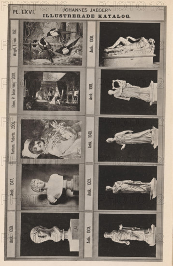 Photo reproduction of seven antique sculptures and three paintings, Johannes Jaeger's Illustrerade Catalog, reproduction, page, photomechanical print, number: 'PL. LXVI.', photographer: Johannes Jaeger, Stockholm, cliché maker: anonymous, after painting by Ferdinand von Wright, c. 1872 - c. 1882, Johannes Jaeger, Ferdinand von Wright, photographer, cliché maker, after painting by, paper, collotype, photoprint, height 180 mm x width 112 mm, sculpture, picture, painting, A vertically oriented printed page divided into a grid of rectangular panels showing grayscale photographic images and one painted scene; the left column contains images of a group of birds perched on branches in a natural setting, an interior room with furniture and people, a portrait of a woman wearing ruffled clothing and a hat, and busts of classical-style figures, while the right column displays reclining and standing marble statues on pedestals photographed against a dark background; thin borders separate the panel...