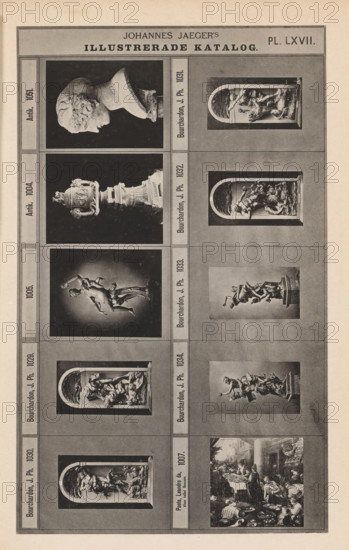 Photo reproduction of nine sculptures and a painting, Johannes Jaeger's Illustrerade Catalog, reproduction, page, photomechanical print, number: 'PL. LXVII.', photographer: Johannes Jaeger, Stockholm, cliché maker: anonymous, after painting by Leandro Bassano, c. 1872 - c. 1882, Johannes Jaeger, Leandro Bassano, photographer, cliché maker, after painting by, paper, collotype, photoprint, height 180 mm x width 111 mm, sculpture, picture, painting, A vertical printed page showing a grid of rectangular panels with photographic reproductions of sculptures and a painting, each panel bordered and separated by thin lines. The top area contains a wide horizontal header band with a darker central rectangle flanked by lighter margins. The images within the panels include a side profile of a sculpted classical head on a pedestal, ornate relief scenes set within rounded-arch niches showing multiple human figures in dynamic poses, a full-view ornamental urn with intricate decorative elements, and s...