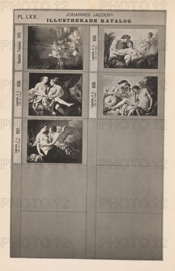 Photo reproduction of five paintings, Johannes Jaeger's Illustrerade Catalog, reproduction, page, photomechanical print, number: 'PL. LXX.', photographer: Johannes Jaeger, Stockholm, cliché maker: anonymous, after painting by Louis Jean François Lagrenée (I), c. 1872 - c. 1882, Johannes Jaeger, Louis Jean François Lagrenée (I), photographer, cliché maker, after painting by, paper, collotype, light print, height 181 mm x width 111 mm, picture, painting, A vertical sheet divided into a grid with a top header bar and several rectangular panels, the upper portion containing four grayscale classical-style illustrations showing figures in draped clothing and partial nudity: a reclining couple with a cherub nearby, two seated figures in flowing fabric with one looking at another, a winged figure leaning toward a seated partially nude figure, and an interior scene with multiple seated figures and drapery; each illustration is framed by thin borders and surrounded by blank gray panels and wide ...