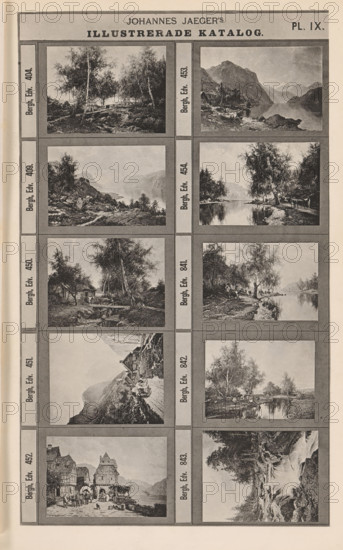 Photo reproduction of ten paintings of landscapes with water and mountains, Johannes Jaeger's Illustrerade Katalog, reproduction, page, photomechanical print, number: 'PL. IX.', photographer: Johannes Jaeger, Stockholm, clichémaker: anonymous, after painting by Edward Bergh, c. 1872 - c. 1882, Johannes Jaeger, Edward Bergh, photographer, clichémaker, after painting by, paper, collotype, photogravure, height 181 mm x width 109 mm, picture, painting, landscapes, A vertical page with a grid of rectangular framed landscape images arranged in two columns and several rows, each frame containing a monochrome rural or mountainous scene featuring trees, water, rocks, houses, paths, and small figures; narrow vertical panels separate the columns and the rows, and a wide header band runs across the top of the page.