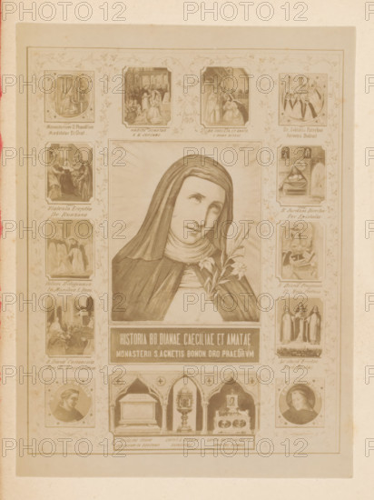 Photo reproduction of a painting, depicting a portrait and scenes from the life of Saint Diana d'Andalo, photograph, reproduction, page, after painting by anonymous, c. 1882 - in or before 1892, photographer, after painting by, paper, albumen print, height 130 mm x width 97 mm, Photo on frontispiece., female saints, A vertically oriented sepia-toned print featuring a central portrait of a veiled woman holding a stem with flowers, her head tilted and gaze upward, framed by a rectangular border; surrounding the central image are smaller rectangular and circular vignettes depicting groups of robed figures engaged in various indoor scenes and devotional acts, decorative floral vinework in the margins, and ornamental panels showing reliquary-like objects and framed portraits, all arranged symmetrically on a pale paper background with a narrow outer border.