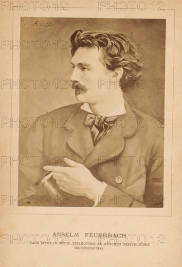 Photo reproduction of a painting, depicting a self-portrait by Anselm Feuerbach, Anselm Feuerbach, photograph, reproduction, page, inscription: 'Nach einem, selbstbildnis.', photographer: Franz Hanfstaengl, 1885, paper, albumen print, albumendruk, height 127 mm x width 98 mm, Photo on frontispiece., Person, portrait, self-portrait of painter, A sepia-toned portrait of a man shown from the waist up, turned in profile to his left, with wavy hair swept back and a mustache; he wears a collared shirt with a cravat and a double-breasted coat with rounded lapels, one hand raised near his chest holding a small slender object between his fingers, and the image is set within a bordered matte mounted on aged paper.