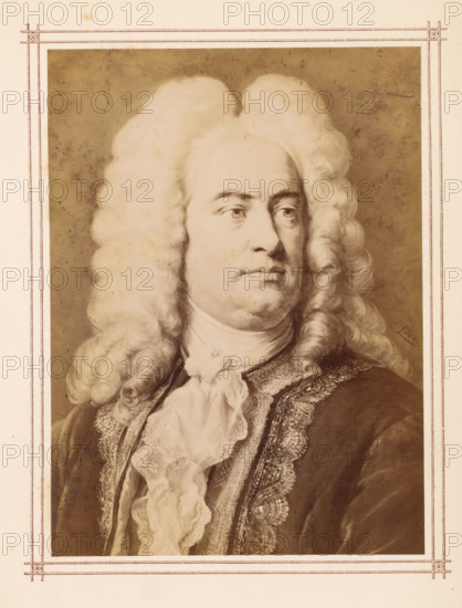 Photo reproduction of a portrait of Georg Friedrich Handel by Carl Jaeger, photograph, reproduction, page, name: 'C. Jäger', after painting by Carl Jaeger, c. 1865 - c. 1875, photographer, paper, albumen print, height 144 mm x width 106 mm, Person, Georg Friedrich Händel, composer, A sepia-toned portrait of a man with a large, curled wig filling much of the upper frame, showing a calm facial expression with eyes directed slightly to the side, a high forehead, and a rounded chin; he wears an ornate coat with decorative trim and a ruffled cravat at his neck, and the image is set within a simple rectangular border on a pale background.