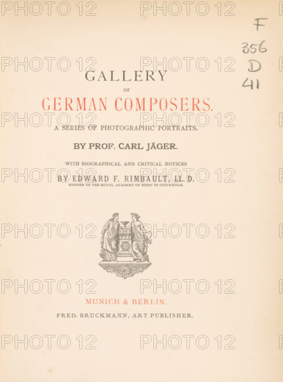 Gallery of German composers a series of photographic portraits, book, inscription: 'Xmas 1876. Dr.s. & MRS Blackburn with the best wishes of: ... Bennett Salina Bennett. Lina Bennett Hugh Bennett. J.B. Bennett.', c. 1875, textile materials, paper, linen (material), albumen print, color on cut, height 227 mm x width 175 mm x thickness 25 mm, A cream-colored page with printed headings in dark and red ink arranged near the top and center, a vertical pencil notation near the upper right edge, a small classical-style engraving of two robed figures standing beside an ornate pedestal with decorative motifs located below the central text area, and otherwise empty margins and background with slight age spots and discoloration.