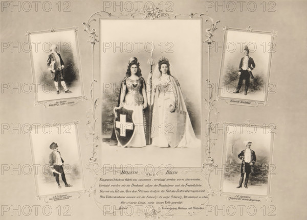 Composite group portrait of six actors in costume during the Calven-Feier in Chur, page, photomechanical print, montage photo, photographer: Lienhard & Salzborn, Chur, c. 1898 - in or before 1899, paper, collotype, photoprint, height 190 mm x width 256 mm, group of actors, troupe, actors on the stage, stage costume, A sepia-toned collage framed with ornate decorative borders shows a central portrait of two women standing side by side in historical costumes, one holding a spear and wearing a crownlike headpiece and a flowing cloak while the other wears a textured bodice with a shield bearing a cross, both with neutral expressions; surrounding the central image are smaller framed portraits of men in various historical garments and poses, each set against muted painted backdrops, and decorative floral motifs and scrollwork embellish the spaces between the frames.