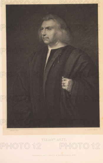 Photo reproduction of a drawing after a painting, depicting a portrait of the physician Gian Giacomo Bartolotti da Parma, Tizian's Arzt, reproduction, page, photomechanical print, cliché maker: Josef Löwy, Vienna, after drawing by V. Jasper, after painting by Titiaan, c. 1878 - in or before 1883, Josef Löwy, V. Jasper, Titian, photographer, cliché maker, after drawing by, after painting by, Lower Austria, paper, collotype, light print, height 166 mm x width 124 mm, Person, Gian Giacomo Bartolotti da Parma, physician, doctor, A monochrome portrait of a man shown from the waist up wearing a dark robe with a lighter collar visible at the neck, his face turned slightly to one side with medium-length hair framing his head, a serious expression, and one hand raised to hold the robe near his chest where a ring is visible on a finger; the background is dark and plain and the portrait sits within a lighter border on aged paper.