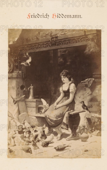 Photo reproduction of a painting by Friedrich Hiddemann, depicting a woman on a bench in a courtyard with birds, Friedrich Hiddemann, photograph, reproduction, page, photographer: Franz Hanfstaengl (possibly), Munich, c. 1875 - c. 1885, Bavaria, paper, albumen print, height 134 mm x width 98 mm, Photo on page 2., picture, painting, birds, adolescent, young woman, maiden, A sepia-toned illustration shows a young woman seated on a wooden bench in a rustic interior, wearing a dress with short puffed sleeves and an apron, her hands resting in her lap and her head slightly bowed. Around her on the floor and on the bench there are many pigeons and small birds, some perched and some walking, and one bird is perched on her shoulder. To the left of the woman a large stone hearth or ledge holds a tall pitcher and other vessels, and a hanging ladle is visible on the side. Above the scene an elaborately carved wooden beam with decorative motifs runs across the top, and a bundle of straw or a tasse...