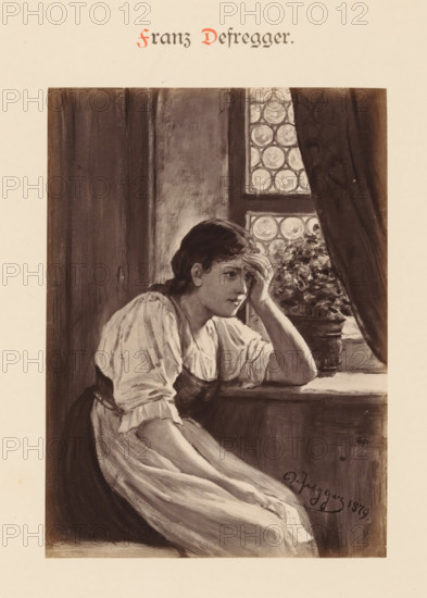 Photo reproduction of a painting by Franz von Defregger, depicting a portrait of a young woman at a window, Franz Defregger, photograph, reproduction, page, photographer: Franz Hanfstaengl (possibly), Munich, after painting by Franz von Defregger, c. 1879 - c. 1885, Bavaria, paper, albumen print, height 132 mm x width 96 mm, Photo on page 8., picture, painting, adolescent, young woman, maiden, closed window, A grayscale illustration of a young woman seated by a window, leaning on her elbow with one hand resting on her forehead and the other arm folded on the windowsill, wearing a loose, light-colored blouse with rolled sleeves and a darker apron or skirt, her dark hair pulled back, a potted plant visible on the sill beside her, a patterned leaded window behind her with circular panes partly covered by a dark curtain, and a plain interior wall and wooden paneling forming the background.