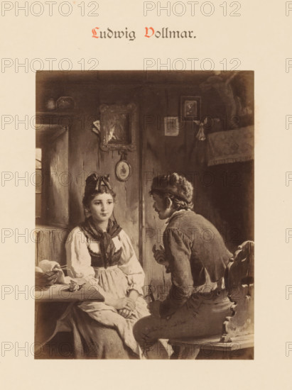 Photo reproduction of a painting by Ludwig Vollmar, depicting a man and a woman at a table in a house, Ludwig Vollmar, photograph, reproduction, page, photographer: Franz Hanfstaengl (possibly), Munich, c. 1880 - c. 1885, Bavaria, paper, albumen print, height 127 mm x width 96 mm, Photo on page 14., picture, painting, adult woman, adult man, interior of the house, A sepia-toned illustration shows a young woman seated at a table wearing a light-colored dress with a dark scarf tied around her neck and a small headpiece, her hands folded in her lap and a calm facial expression, while a young man sits beside her on a wooden bench leaning forward toward her, wearing a jacket and cap and gesturing with his hands; the interior background features wooden walls with framed pictures and small decorative items, a window with light coming through at the left, a basket and cloth on the table near the woman, and a carved chair back visible at the right.