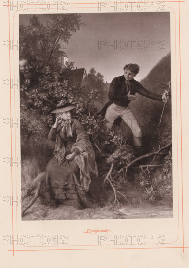 Rangdewuh, Photographic reproduction of a painting of a woman sitting by a brook with a young man behind her, reproduction, page, photomechanical print, maker: Friedrich Bruckmann, after painting by Konrad Beckmann, c. 1874 - in or before 1884, paper, collotype, photogravure, height 175 mm x width 128 mm, picture, painting, adult woman, river, A monochrome illustration framed by a decorative border shows a seated woman in layered clothing and a wide-brimmed hat with a scarf tied around her neck, her hand raised near her face and the other resting on her lap, sitting on a root-strewn bank amid foliage; nearby a young man in a dark jacket and light trousers stands on the bank holding a long staff, one hand pressed to his chest and his body angled toward the woman; behind them dense bushes and tree branches fill the left side, with a concealed face peering from the foliage, and in the background rooflines and a distant tower silhouette rise against a softly shaded sky, while the foregroun...