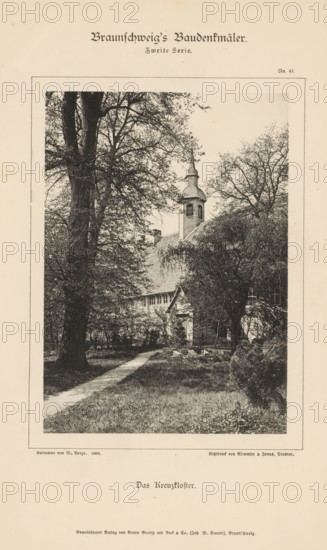 Das Kreuzkloster, Exterior of the Kreuzkloster in Braunschweig, Braunschweig's Baudenkmäler, page, photomechanical print, number: 'No. 41.', photographer: W. Berge, Braunschweig, cliché maker: Römmler & Jonas, Dresden, publisher: Benno und Wilhelm Danert Goeritz, 1893, W. Berge, Römmler & Jonas, Benno und Wilhelm Danert Goeritz, photographer, cliché maker, publisher, Lower Saxony, Saxony, paper, collotype, photoprint, height 151 mm x width 107 mm, abbey, monastery, convent, Roman Catholic church, facade (of house or building), Kreuzkloster, A sepia-toned photographic image bordered by a pale margin shows a pathway leading through a grassy area toward a building partially obscured by large leafy trees; the building has a steep roof and a slender tower with a pointed spire rising above the treetops, visible windows and an arched doorway at the front, and dense foliage and shrubs frame the scene on both sides with tree trunks and branches creating a canopy over the path.