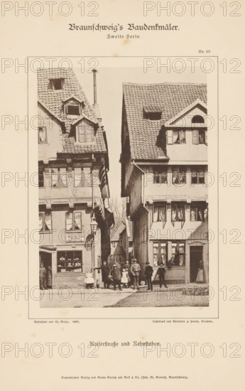 Kaiserstraße und Rehnstoben, View of the Kaiserstraße and the Rehnstoben in Braunschweig, Braunschweig's Baudenkmäler, page, photomechanical print, number: 'No. 63.', photographer: W. Berge, Braunschweig, cliché maker: Römmler & Jonas, Dresden, publisher: Benno und Wilhelm Danert Goeritz, 1893, W. Berge, Römmler & Jonas, Benno und Wilhelm Danert Goeritz, photographer, cliché maker, publisher, Lower Saxony, Saxony, paper, collotype, photoprint, height 149 mm x width 106 mm, street, lane, alley, facade (or house or building), A vertical sepia photograph shows two tall half-timbered buildings facing each other across a narrow cobblestone street, each with steep tiled roofs and multiple dormer windows; the left building has a shopfront with display windows and a hanging lantern, while the right building features shuttered windows and a doorway with a figure standing in the entrance; a group of people, including men, women, and children dressed in period clothing, stand and pose in the stre...