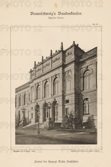 Front facade of the Herzogliche Technische Hochschule in Braunschweig, Portal des Herzogl. Tech. Hochschule, Braunschweig's Baudenkmäler, page, photomechanical print, number: 'No. 71.', photographer: W. Berge, Braunschweig, cliché maker: Römmler & Jonas, Dresden, publisher: Benno und Wilhelm Danert Goeritz, 1893, W. Berge, Römmler & Jonas, Benno und Wilhelm Danert Goeritz, photographer, cliché maker, publisher, Lower Saxony, Saxony, paper, collotype, photoprint, height 151 mm x width 108 mm, secondary education, facade (of house or building), A sepia-toned architectural illustration of a grand stone building facade featuring tall arched windows set within a richly detailed exterior, ornate cornices and sculpted relief panels along the upper story, a balustraded roofline punctuated by decorative finials, a broad staircase leading to a series of arched entranceways flanked by ornate lampposts, a paved street in front, a cluster of small trees and low railings at the building base, and a ...
