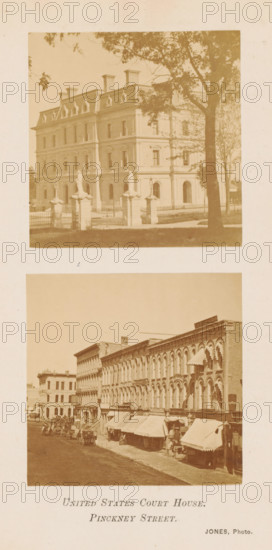 United States Court House. Pinckney Street, View of a Courthouse and Pinckney Street in Madison, photograph, page, photographer: Jones, Madison (Wisconsin), c. 1864 - in or before 1874, paper, albumen print, height 225 mm x width 145 mm, Photos opposite page 120., street, court building, A vertical image contains two sepia-toned photographs mounted on a pale background. The top photograph shows a large, ornate three-story building with a mansard roof and decorative dormer windows, set behind a wrought iron fence with stone pillars topped by statues; large trees frame the right side and upper edge of the image, and a shaded lawn is visible in front of the fence. The bottom photograph depicts a street scene with a row of multi-story commercial buildings featuring tall arched windows and awnings over the ground-level shopfronts; horse-drawn carriages and people are visible along the cobblestone roadway and sidewalk, and the facades display ornate architectural details.