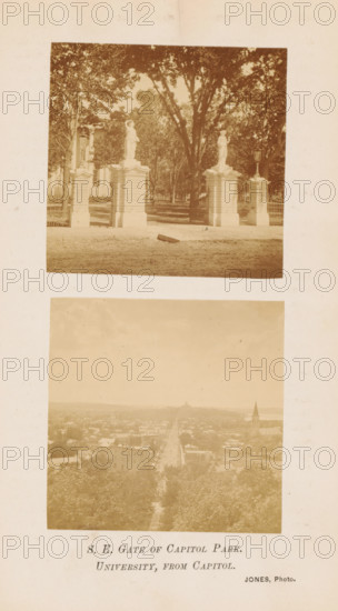 View of a gate to the park where the Wisconsin State Capitol stands and a view of Madison, SE Gate of Capitol Park. University, from Capitol, photograph, page, photographer: Jones, Madison (Wisconsin), c. 1864 - in or before 1874, paper, albumen print, height 225 mm x width 145 mm, Photos opposite page 264., city-view, and landscape with man-made constructions, gate, entrance, A vertical sheet showing two sepia photographs mounted one above the other against a pale background; the top photograph depicts a gateway with stone pillars topped by classical statues flanked by iron fencing and framed by tall trees, with a dirt foreground and leafy canopy above, while the lower photograph shows a distant panoramic view of a town with a long straight street leading toward a hazy horizon, rooftops and a church steeple visible amid trees in the foreground.