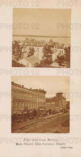 View over Lake Monoma. Main Street, from Pinckney Street, View of Lake Monona and Main Street in Madison, photograph, page, photographer: Jones, Madison (Wisconsin), c. 1864 - in or before 1874, paper, albumen print, height 225 mm x width 145 mm, Photos opposite page 344., street, lake, A vertically oriented image shows two sepia-toned photographic scenes mounted on a light background. The upper scene depicts a waterfront view with a large multi-story house in the foreground featuring mansard roofs, dormer windows, decorative roof cresting, and surrounding trees, with a calm body of water and a flat distant shoreline visible beyond. The lower scene shows a sloped main street lined with multi-story commercial buildings with ornate facades and storefronts, awnings over ground-level shops, pedestrians on the sidewalk, and a dirt or unpaved roadway in the foreground.