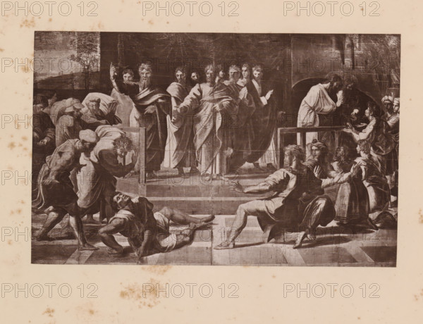 Death of Ananias, Reproduction of a design of The Death of Ananias by Raphael, reproduction, photomechanical print, This print is part of a cover with 9 sheets., photographer: Charles Thurston Thompson, after design by Raphael, c. 1880 - in or before 1885, paper, Woodburytype, Woodburytypie, height 120 mm x width 188 mm, Ananias, rebuked by Peter, falls down and dies between his gifts, A large sepia-toned reproduction of a classical painting shows a group of robed figures gathered on a stepped platform, with several central figures standing and gesturing while others kneel or recline on the steps; the standing figures wear flowing garments and cloaks, some with beards and long hair, and one raises an arm with a pointing finger, while to the right a figure leans over a railing toward a seated group that includes women and a child receiving a bowl; in the foreground muscular, partially clad men lie and scramble on the floor and steps, reaching or turning toward the central scene; the bac...
