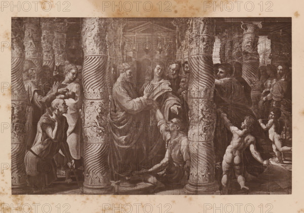 Peter and John at the Beautiful Gate of the Temple, Reproduction of a design by Raphael of Peter and John healing a lame man at the temple gate, Reproduction of a design of The Healing of a Lame Man by Raphael (former title), reproduction, photomechanical print, This print is part of a 9-sheet cover., photographer: Charles Thurston Thompson, after design by Raphael, c. 1880 - in or before 1885, paper, Woodburytype, Woodburytypie, height 123 mm x width 195 mm, healing of a lame beggar at the Beautiful Gate of the temple by Peter and John (Acts 3 - 4:31), A sepia-toned classical scene framed by ornate spiral columns shows a group of robed and partially nude figures in a columned interior; central figures in flowing garments gesture toward a kneeling man while other standing figures look on, some holding drapery and one carrying a child, and decorative sculptural details cover the columns and background surfaces.