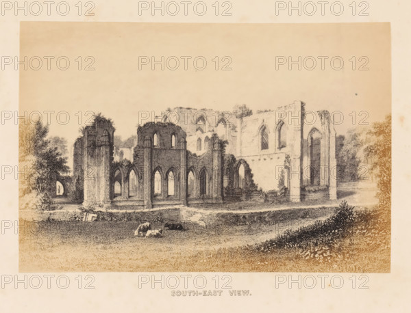 South-east view, photograph, reproduction, page, after drawing by anonymous, c. 1859 - in or before 1864, photographer, paper, albumen print, height 118 mm x width 175 mm, ruin of church, monastery, Cumbria, Furness Abbey, A sepia-toned illustration of ruined stone architecture with tall arched windows and partially collapsed walls set in a grassy landscape, flanked by areas of dense trees and shrubs, with scattered stones and low vegetation in the foreground and a few grazing animals near the center foreground.