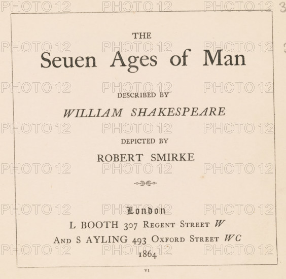 The seuen ages of man, book, writer (clerical worker): William Shakespeare, publisher: Lionel Booth, London, publisher: Stephen Ayling, 1864, writer (clerical worker), textile materials, pasteboard, paper, linen (material), printing, albumen print, color on cut, height 144 mm x width 139 mm x thickness 8 mm, A vertically oriented page with a thin rectangular border and printed lines of serif text arranged in centered blocks, a decorative flourish near the middle, and an overall light cream paper background with small scattered brown specks.