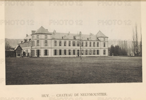 Huy. - Chateau de Neufmoustier, View of the castle of Neufmoustier, page, photomechanical print, photographer: attributed to Victor Gaillard, Huy, cliché maker: attributed to Emile Aubry, Brussels, c. 1885 - in or before 1890, Hoei, Attributed to, paper, collotype, photoprint, height 103 mm x width 155 mm, castle, A wide view of a large rectangular stone building with two prominent corner towers and a central roofline, rows of tall windows with shutters on the ground level and windows on the upper level, a small bare tree in front of the building, a grassy foreground stretching to the base of the building, additional trees and shrubbery to the right, a small decorative structure attached to the left side of the building, and a pale sky above.