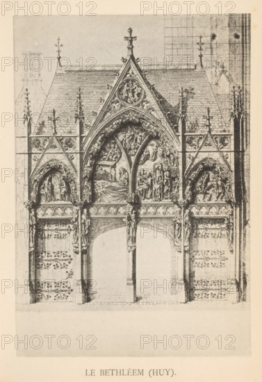 Huy. - Le Bethléem (Huy), Reproduction of a print of the Bethlehem portal of the Collegiate Church in Huy, reproduction, page, photomechanical print, photographer: attributed to Victor Gaillard, cliché maker: attributed to Emile Aubry, Brussels, after print by anonymous, c. 1885 - in or before 1890, after print by, Attributed to, paper, collotype, photoprint, height 153 mm x width 105 mm, church (exterior), Huy, A detailed black and white architectural drawing of a Gothic doorway and façade with pointed arches, ornate carvings, and decorative tracery. The central section features a tall triangular gable with sculpted relief scenes within arched panels and a small circular medallion at its peak, flanked by steeply pitched roof sections with rows of tiles and finials. Below the gable are three large pointed arch openings supported by slender columns, each arch surmounted by a horizontal band of carved quatrefoil motifs and standing statues on brackets. The side sections contain smaller p...