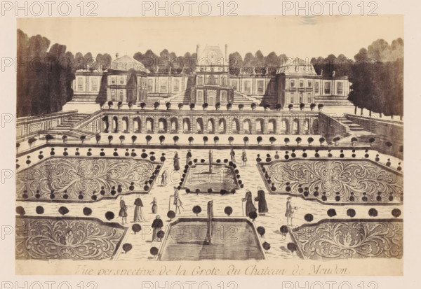 Photo reproduction of a design of the grotto of the Château de Meudon, photograph, reproduction, This photo is part of a cover with 38 photos and 17 text sheets., check stamp: 'PHOTOGRAPHIE des DEUX MONDES, PIERRE PETIT, 31, Rue Cadet, PARIS', number: '11', photographer: Pierre Petit, Paris, after design by anonymous, c. 1860 - in or before 1865, paper, albumen print, height 130 mm x width 194 mm, castle, cave, grotto, Meudon, Château de Meudon, A sepia-toned engraving shows a formal garden with patterned parterres and rectangular reflecting pools separated by walkways lined with small round topiary; figures in period dress stroll and stand along the paths; beyond the garden a raised terrace with an arcade of arches supports a balustrade topped by evenly spaced urn-shaped plants; steps and platforms lead up to a large symmetrical stone building with a central pavilion flanked by lower wings and ornamental roof elements, and rows of trees form a dark backdrop behind the architecture.