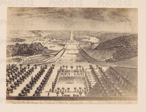 Photo reproduction of a design of a view of the garden and park of the Château de Meudon, photograph, reproduction, This photo is part of a cover with 38 photos and 17 text sheets., number: '12', check stamp: 'PHOTOGRAPHIE des DEUX MONDES, PIERRE PETIT, 31, Rue Cadet, PARIS', photographer: Pierre Petit, Paris, after design by anonymous, c. 1860 - in or before 1865, paper, albumen print, height 136 mm x width 185 mm, garden, park, castle, Meudon, Château de Meudon, A detailed monochrome engraving of a formal garden and park from an elevated perspective, showing symmetrical rows of potted trees and planted beds arranged along straight paths that lead toward a distant avenue and curved river; the foreground features rectangular water basins and terraces with small figures walking, sculptural elements, and orderly tree-lined alleys, while the middle ground shows broader lawns, parterres, and avenues converging at a distant focal point, and the background contains dense wooded areas, rollin...
