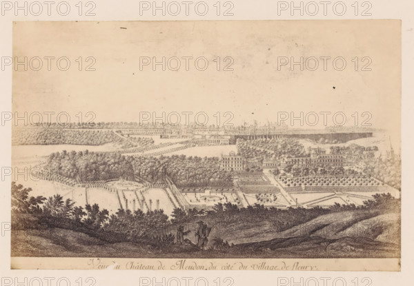 Photo reproduction of a design of a view of the Château de Meudon, seen from the side of the village of Fleury, photograph, reproduction, This photo is part of a cover with 38 photos and 17 text sheets., number: '14', check stamp: 'PHOTOGRAPHIE des DEUX MONDES, PIERRE PETIT, 31, Rue Cadet, PARIS', photographer: Pierre Petit, Paris, after design by anonymous, c. 1860 - in or before 1865, paper, albumen print, height 132 mm x width 205 mm, park, castle, Meudon, Château de Meudon, A wide landscape engraving showing a distant palatial complex with multiple buildings and formal gardens, terraces, and tree-lined avenues; the foreground features rolling grassy hills with two small human figures, one seated and one standing, and scattered shrubs and trees; middle ground displays geometrically arranged garden beds, pathways, hedges, and rows of trees, with various buildings and a church steeple set among wooded areas; background shows an extended forested horizon and a large elevated building c...