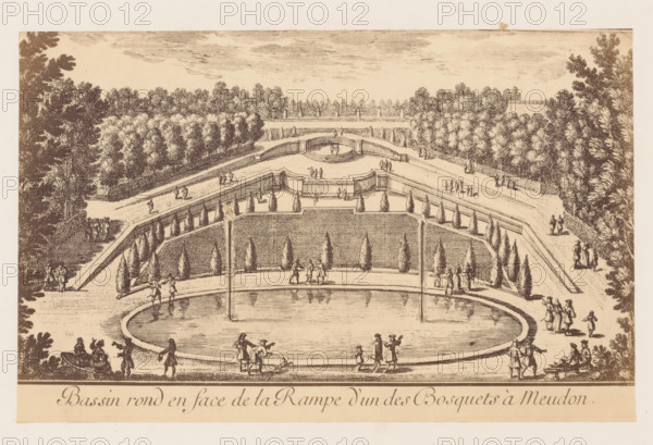 Photographic reproduction of a design for a round pond for a slope in the garden of the Château de Meudon, photograph, reproduction, This photo is part of a cover with 38 photos and 17 text sheets., check stamp: 'PHOTOGRAPHIE des DEUX MONDES, PIERRE PETIT, 31, Rue Cadet, PARIS', number: '16', photographer: Pierre Petit, Paris, after design by anonymous, c. 1860 - in or before 1865, paper, albumen print, height 122 mm x width 191 mm, park, garden pond, Meudon, Château de Meudon, A sepia-toned engraved scene showing a formal garden with a large oval reflecting pool in the foreground, two vertical jets of water shooting up from its edges, and people walking and standing along the poolside and nearby paths. Terraced stone balustrades rise behind the pool with symmetrically placed conical shrubs and paved walkways leading to an elevated circular platform with a low railing. More visitors are depicted on the terraces and along the axial paths, which extend into a tree-lined avenue framed by ...