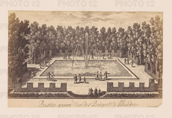 Photo reproduction of a design for a square pond in the garden of the Château de Meudon, photograph, reproduction, This photo is part of a cover with 38 photos and 17 text sheets., check stamp: 'PHOTOGRAPHIE des DEUX MONDES, PIERRE PETIT, 31, Rue Cadet, PARIS', number: '17', photographer: Pierre Petit, Paris, after design by anonymous, c. 1860 - in or before 1865, paper, albumen print, height 125 mm x width 199 mm, park, garden pond, Meudon, Château de Meudon, A rectangular reflecting pool is centered in a formal garden, surrounded by low stone edging and paved walkways, with three tall arched water jets rising from the pool and small water sprays at their bases; finely detailed trees form a dense wooded backdrop behind a lattice fence that borders the garden, and a variety of figures in period clothing stand, walk, and converse along the pool edges and paths, including small groups and pairs, while ornamental low walls and square trellis structures frame the foreground and corners.