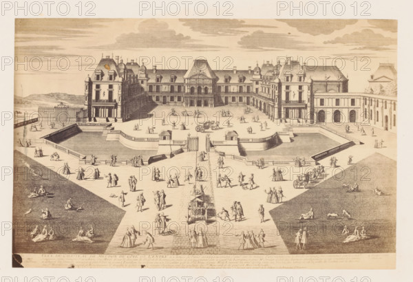 Photo reproduction of a design of a view of the Château de Meudon, seen from the entrance to the estate, photograph, reproduction, This photo is part of a cover with 38 photos and 17 text sheets., number: '24', check stamp: 'PHOTOGRAPHIE des DEUX MONDES, PIERRE PETIT, 31, Rue Cadet, PARIS', photographer: Pierre Petit, Paris, after design by anonymous, c. 1860 - in or before 1865, paper, albumen print, height 133 mm x width 205 mm, castle, Meudon, Château de Meudon, A wide engraved view shows a large formal building with symmetrical wings, ornate rooflines with dormer windows and chimneys, and a central pediment above a colonnaded entrance; a paved avenue leads to a gated stairway and a raised terrace with balustrades and rectangular water basins flanking the entrance; numerous small figures in period dress populate the foreground and terraces, including groups walking, standing, conversing, and a horse-drawn carriage; sloped grassy areas on either side contain scattered seated and recl...