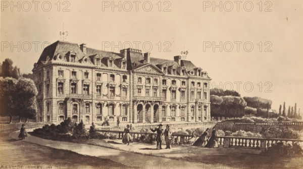 Photo reproduction of a design of a view of the Château de Meudon, with walking persons in the foreground, photograph, reproduction, This photo is part of a cover with 38 photos and 17 text sheets., check stamp: 'PHOTOGRAPHIE des DEUX MONDES, PIERRE PETIT, 31, Rue Cadet, PARIS', number: '33', photographer: Pierre Petit, Paris, after design by anonymous, c. 1860 - in or before 1865, paper, albumen print, height 118 mm x width 206 mm, castle, strolling (six persons), Meudon, Château de Meudon, A large ornate stone building with multiple stories and a steep sloped roof occupies the center of the image, featuring many windows, decorative moldings, and dormer windows set into the roof; a balustraded terrace runs along the front of the building overlooking a landscaped area with hedges and a curved path; several figures in period dress stand and walk on the terrace and path, some near the balustrade and others closer to the building entrance; trees and clustered foliage appear on both sides ...