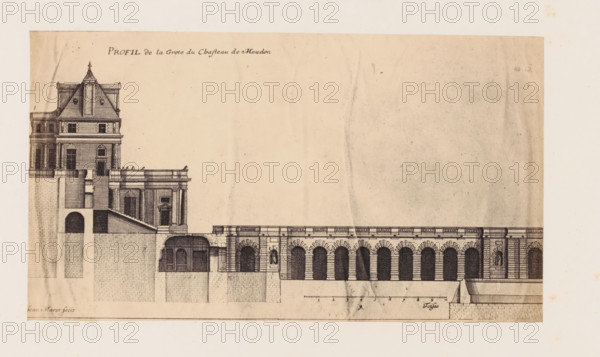 Photo reproduction of a design for the grotto of the Château de Meudon by Jean Marot, photograph, reproduction, This photo is part of a cover with 38 photos and 17 text sheets., check stamp: 'PHOTOGRAPHIE des DEUX MONDES, PIERRE PETIT, 31, Rue Cadet, PARIS', number: '35', photographer: Pierre Petit, Paris, after design by Jean Marot (I), c. 1860 - in or before 1865, paper, albumen print, height 111 mm x width 197 mm, castle, cave, grotto, Meudon, Château de Meudon, A sepia architectural drawing shows a building cross-section with a multi-story house on the left featuring a steep mansard roof, dormer windows, and a tall chimney, connected to a long colonnaded structure with consecutive arched openings and decorative masonry. The left portion includes staircases, archways, and vaulted spaces rendered in fine linework, while the elongated right portion displays evenly spaced rounded arches set into a rusticated façade with a balustraded roofline. The paper shows age with faint stains, cre...