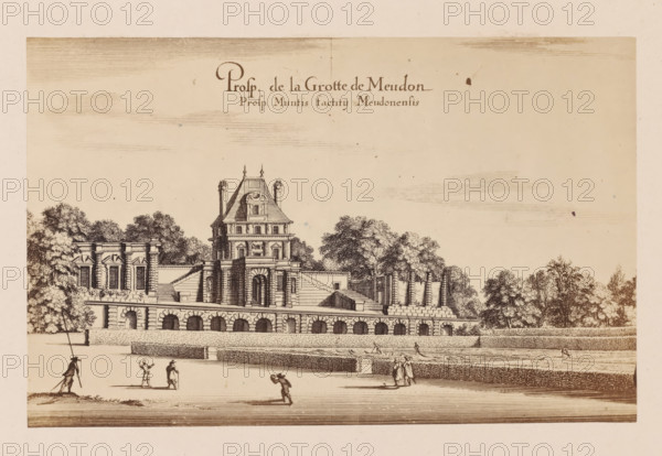 Photo reproduction of a design for the grotto at the Château de Meudon, photograph, reproduction, This photo is part of a cover with 38 photos and 17 text sheets., check stamp: 'PHOTOGRAPHIE des DEUX MONDES, PIERRE PETIT, 31, Rue Cadet, PARIS', number: '4', photographer: Pierre Petit, Paris, after design by anonymous, c. 1860 - in or before 1865, paper, albumen print, height 128 mm x width 199 mm, castle, cave, grotto, Meudon, Château de Meudon, A sepia-toned architectural engraving showing a large classical building with an ornate central pavilion, arched lower level, and flanking terraces with stairs, set against rows of trees and hedges; small human figures are scattered across the foreground, some walking and some engaged in activity, while one figure stands in water holding a long pole.