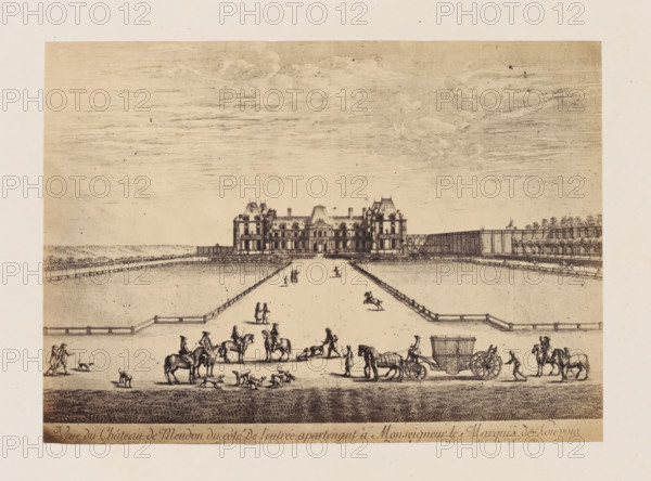 Photo reproduction of a design of a view of the Château de Meudon, seen from the entrance to the estate, photograph, reproduction, This photo is part of a cover with 38 photos and 17 text sheets., number: '5', check stamp: 'PHOTOGRAPHIE des DEUX MONDES, PIERRE PETIT, 31, Rue Cadet, PARIS', photographer: Pierre Petit, Paris, after design by anonymous, c. 1860 - in or before 1865, paper, albumen print, height 134 mm x width 186 mm, castle, Meudon, Château de Meudon, A wide etching shows a long formal avenue leading to a large ornate chateau with multiple steep roofs and chimneys centered in the background, flanked by low walls and rows of trees and fences. In the foreground there are groups of people and mounted riders, a horse-drawn ornate carriage, attendants on foot, and several dogs scattered across the open paved area. The sky above is filled with horizontal lines and faint cloud shapes.