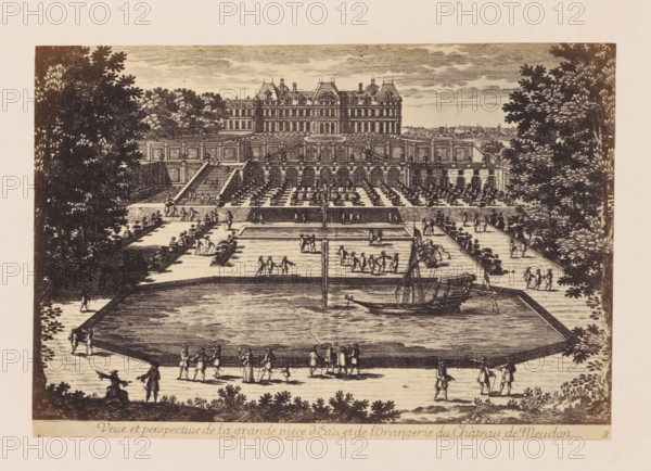 Photo reproduction of a design of a view of the Château de Meudon, with a water feature and orangery in the foreground, photograph, reproduction, This photo is part of a cover with 38 photos and 17 text sheets., check stamp: 'PHOTOGRAPHIE des DEUX MONDES, PIERRE PETIT, 31, Rue Cadet, PARIS', number: '8', photographer: Pierre Petit, Paris, after design by anonymous, c. 1860 - in or before 1865, paper, albumen print, height 136 mm x width 199 mm, castle, garden pond, greenhouse, orangery, Meudon, Château de Meudon, An engraved view shows a formal garden centered on a large rectangular basin with a small sailing boat moored near its edge, surrounded by paved walkways and rows of low ornamental plants; figures in period clothing stroll and gather around the basin and on terraces, where staircases lead up to a raised parterre filled with symmetrical beds and clipped topiary; behind the terraces stands a multi-story mansion with numerous windows, dormer roofs, and ornate balustrades, framed ...