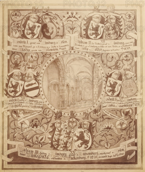 Photo reproduction of a drawing of a family tree, from Henry I, Count of Limburg, to Walram III, album page, photograph, reproduction, This photo is part of an album., after drawing by Gerard Slits, Rolduc, c. 1869 - in or before 1874, photographer, Kerkrade, pasteboard, paper, albumen print, height 183 mm x width 154 mm, family lineage, pedigree, genealogical tree or table, series of rulers, A decorative sepia illustration featuring a central circular window revealing an arched stone interior with a vaulted corridor and rows of columns, surrounded by ornate floral and scrollwork borders, heraldic shields bearing animal figures and patterned designs, topped by helmets and mantling, and interwoven ribbons and decorative motifs filling the corners and edges.