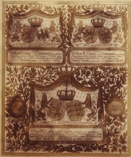 Photo reproduction of a drawing of a family tree, from King William I to King William III, album page, photograph, reproduction, This photo is part of an album., after drawing by Gerard Slits, Rolduc, 1874, photographer, Kerkrade, pasteboard, paper, albumen print, height 184 mm x width 155 mm, Person, William I of the Netherlands, William II of the Netherlands, William III (King of the Netherlands), family lineage, pedigree, genealogical tree or table, series of rulers, A sepia-toned ornamental print showing a central shield held by two rampant lions beneath a large crowned canopy, flanked by leafy branches and decorative urns, with smaller crowned shields and banners above, ornate framed panels below and floral foliage bordering the composition.