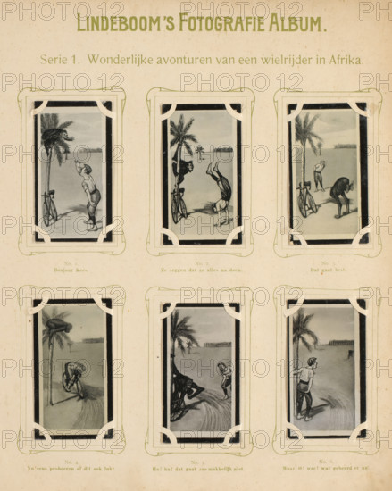 Six reproductions of drawings of a cyclist by a palm tree with a monkey in Africa, Wonderful adventures of a cyclist in Africa, album page, reproduction, photomechanical print, These prints are part of an album., inscription: 'Series 1.', after drawing by anonymous, publisher: BJ Lindeboom & Zonen, Amsterdam, 1905 - 1906, pasteboard, paper, collotype, photogravure, height 300 mm x width 238 mm, Such prints were known as 'blackies'. They were obtained when purchasing certain brands of tea, cocoa, cigarettes, biscuits, etc. for collecting. There were collector albums in circulation specially produced for the 'blackies'., riding, cycling (recreation), monkeys, apes, Africa, A cream-colored page with a heading at the top and three columns of rectangular illustrated vignette frames arranged in two rows, each frame held by decorative corner mounts; each vignette shows a coastal scene with palm trees and a sandy foreground featuring men in early cycling attire and bicycles in various poses, i...