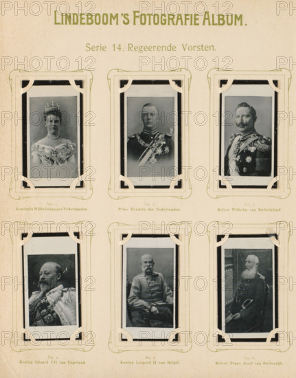 Six reproductions of photographic and painted portraits of European monarchs, Reigning monarchs, album page, reproduction, photomechanical print, These prints are part of an album., inscription: 'Series 14.', after photo by anonymous, after painting by anonymous, publisher: BJ Lindeboom & Zonen, Amsterdam, 1905 - 1906, pasteboard, paper, collotype, photogravure, height 300 mm x width 238 mm, Such prints were known as 'blackies'. They were obtained for collecting when purchasing certain brands of tea, cocoa, cigarettes, biscuits, etc. There were collector albums in circulation specially produced for the 'blacks'., Person, Hendrik (Prince of the Netherlands (1876-1934)), Wilhelm II (Emperor of Germany), Franz Joseph I Karl (Emperor of Austria), Edward VII (King of the United Kingdom), Wilhelmina of the Netherlands, Leopold II (King of the Belgians), historical persons, king, queen, emperor, A cream-colored page with decorative green borders displaying six mounted black-and-white portrait...