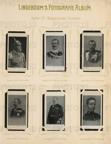 Six reproductions of photographic and painted portraits of European and Russian monarchs, Reigning monarchs, album page, reproduction, photomechanical print, These prints are part of an album., inscription: 'Series 15.', after photo by anonymous, after painting by anonymous, publisher: BJ Lindeboom & Zonen, Amsterdam, 1905 - 1906, pasteboard, paper, collotype, photogravure, height 300 mm x width 238 mm, Such prints were known as 'blackies'. They were obtained for collecting when purchasing certain brands of tea, cocoa, cigarettes, biscuits, etc. There were collector albums in circulation specially produced for the 'blacks'., Person, Nicholas II Alexandrovich (Tsar of Russia), Oscar II (King of Sweden and Norway), Alfonso XIII (King of Spain), Victor Emmanuel III (King of Italy), Charles I (King of Portugal), Carol I (King of Romania), historical persons, king, emperor, A beige page with decorative pale green corner borders holds six vertical portrait photographs mounted in rows, each p...